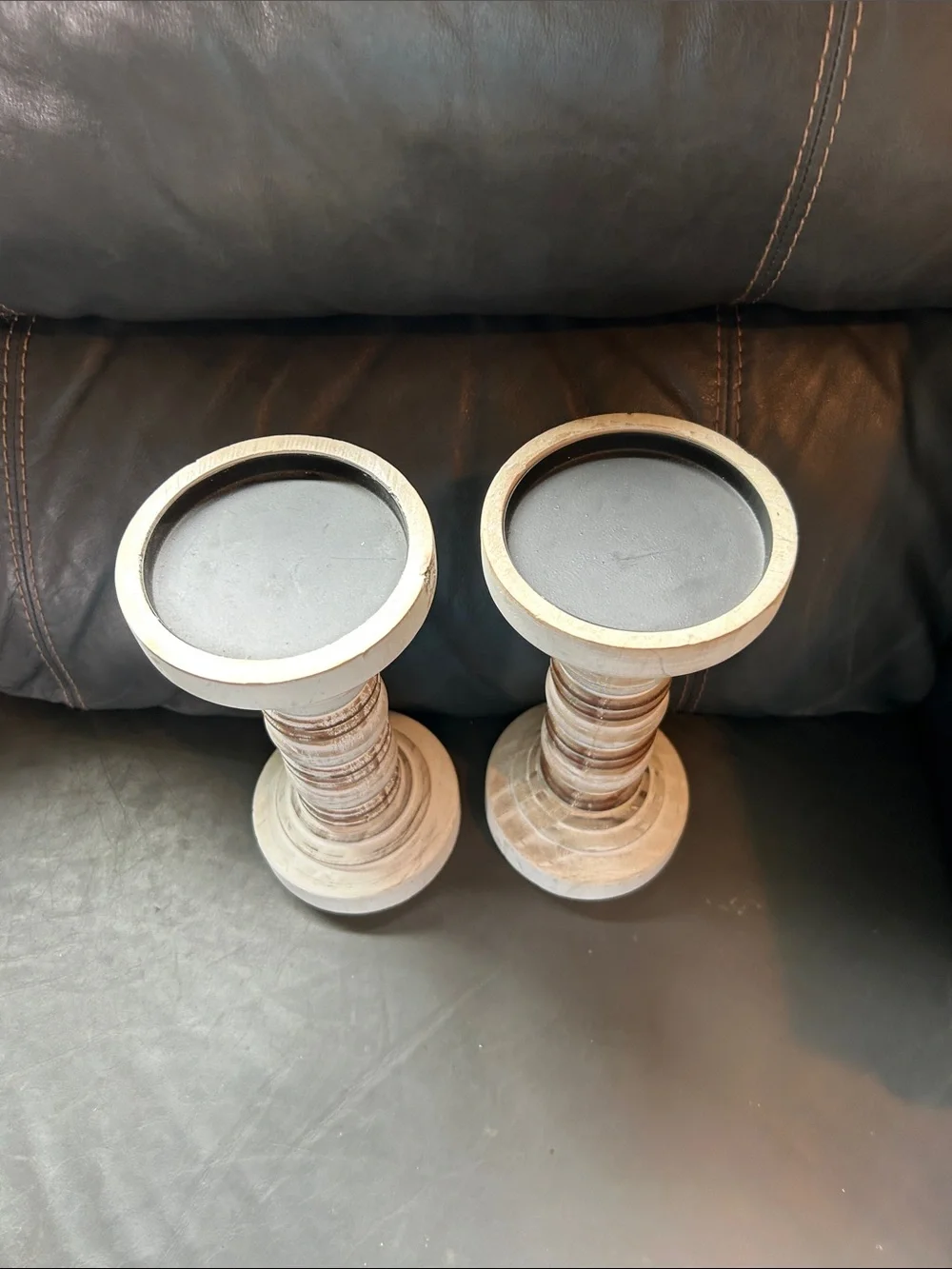 Rustic Distressed White Wood Pillar Candle Holders - Set of 2